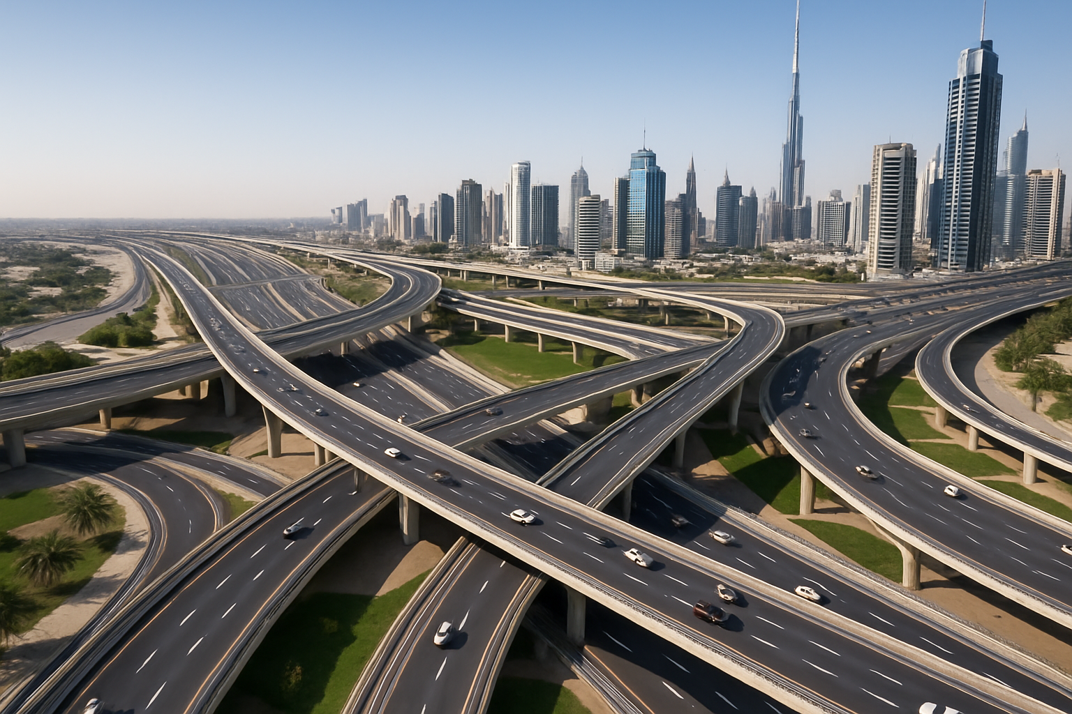 Aerial view of well-maintained paid roads in Dubai