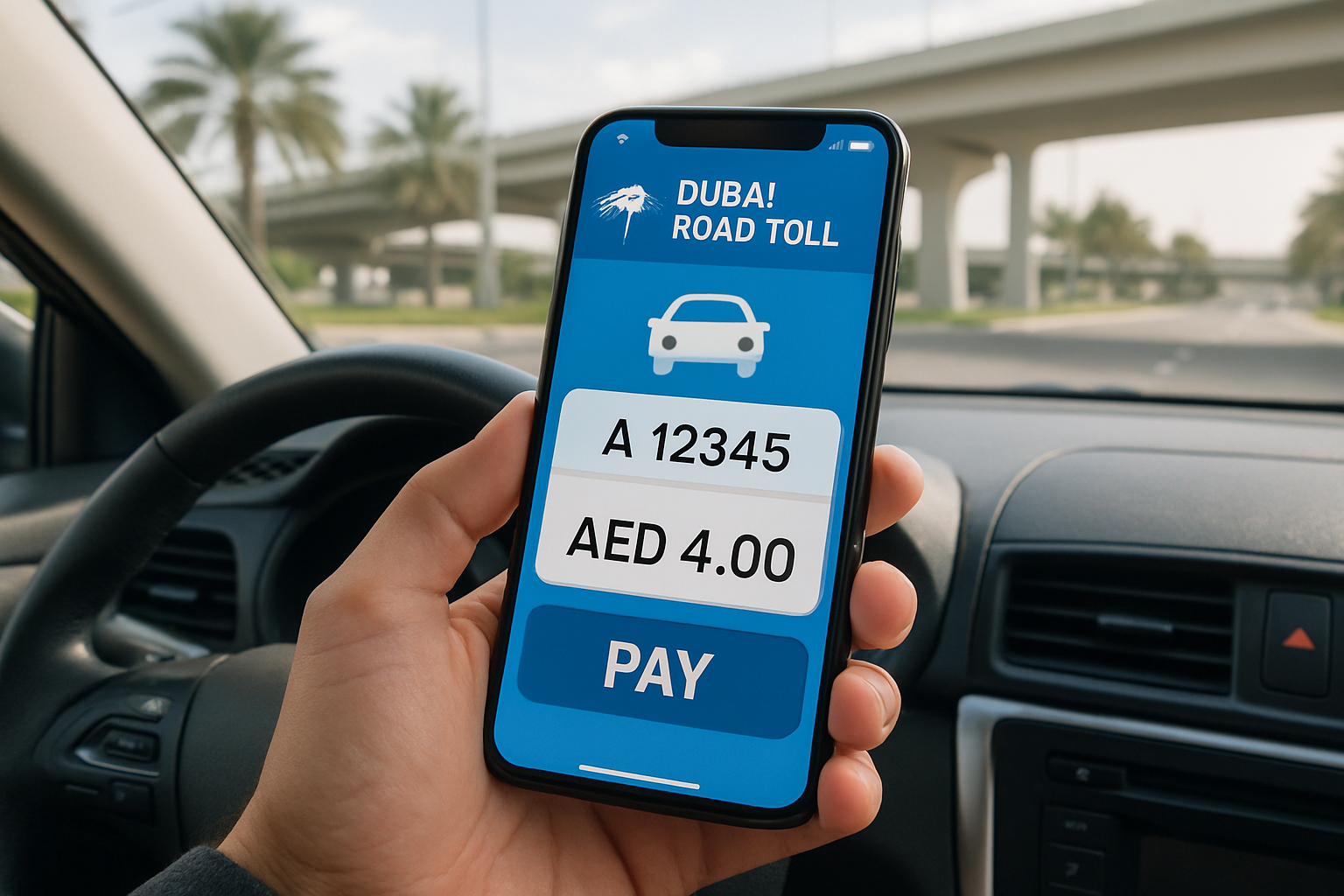 Customer using mobile app to pay Dubai road toll