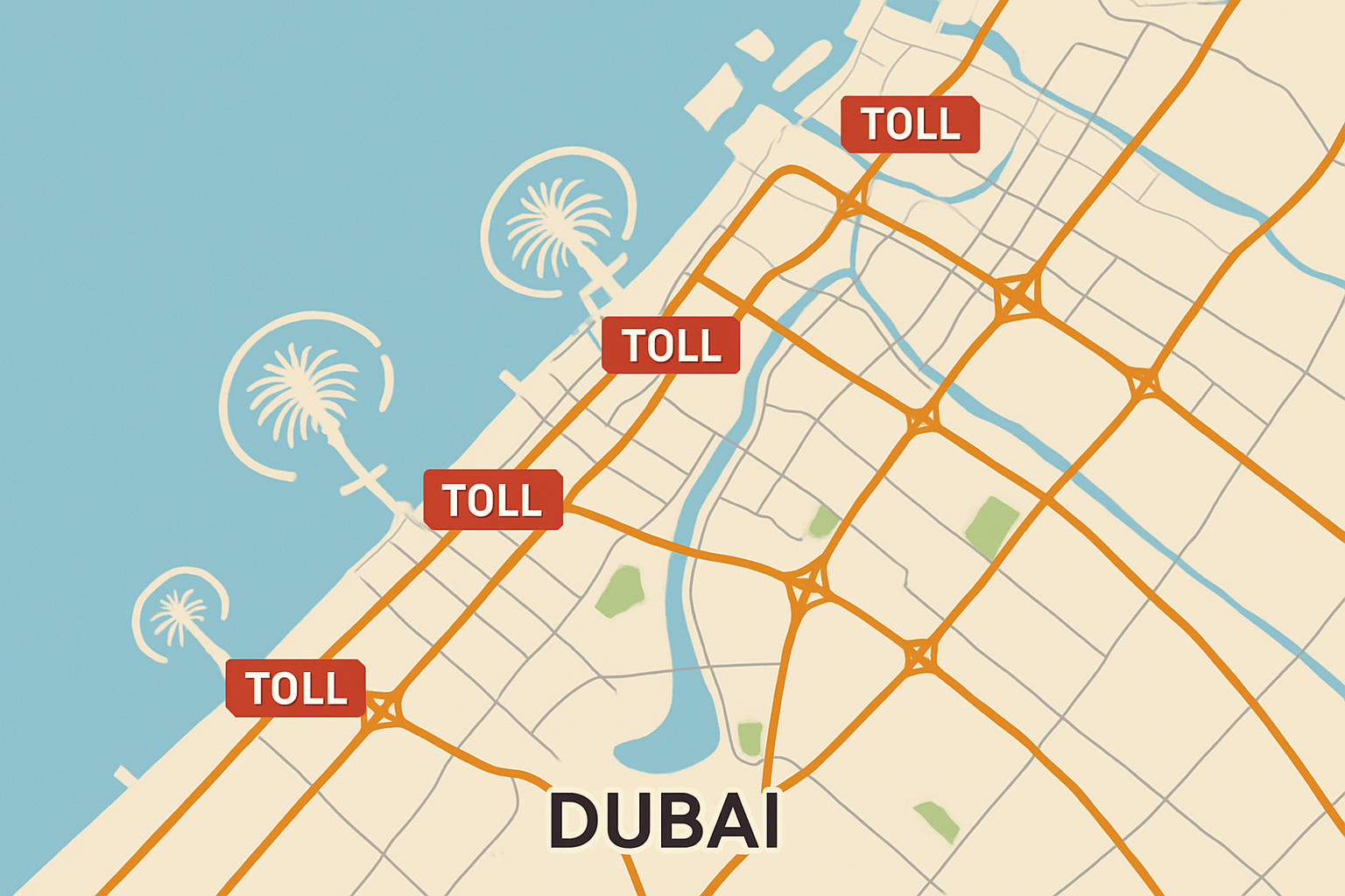 Dubai city road network with visible toll points